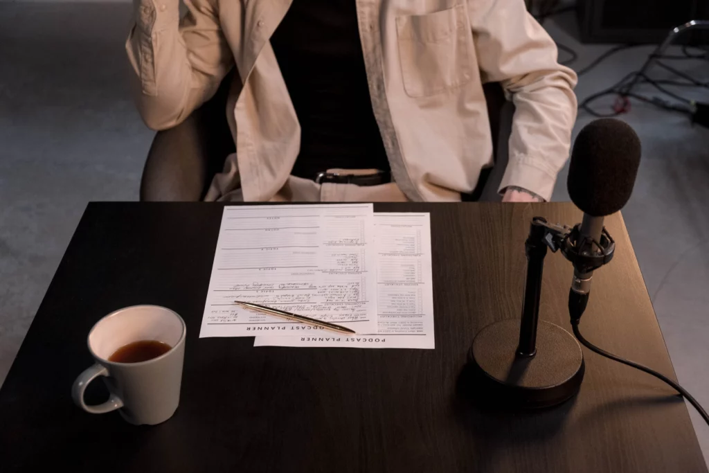 Desk with podcast microphone